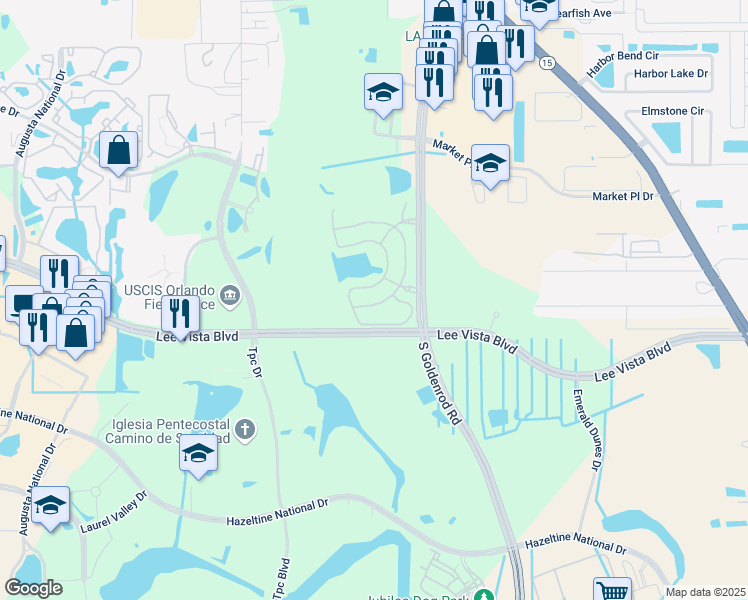 map of restaurants, bars, coffee shops, grocery stores, and more near 6598 Maranatha Boulevard in Orlando
