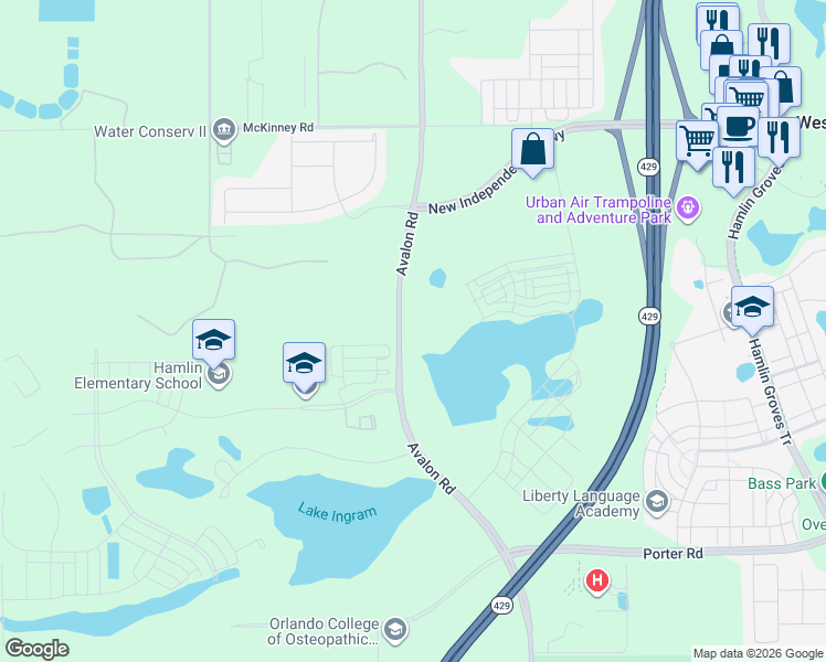 map of restaurants, bars, coffee shops, grocery stores, and more near 6709 Avalon Road in Winter Garden