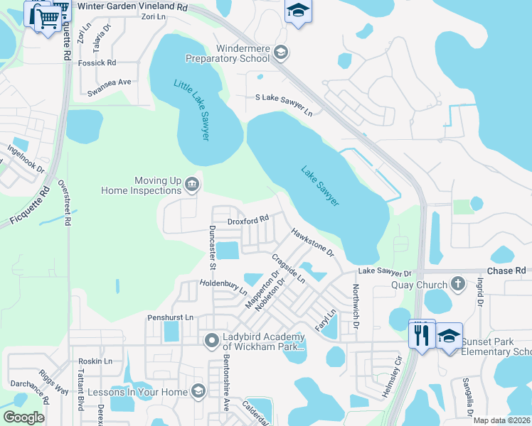 map of restaurants, bars, coffee shops, grocery stores, and more near 12841 Droxford Road in Windermere