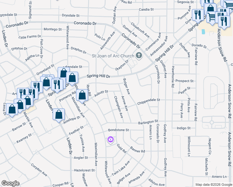 map of restaurants, bars, coffee shops, grocery stores, and more near 2262 Champlain Avenue in Spring Hill