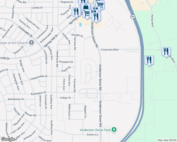 map of restaurants, bars, coffee shops, grocery stores, and more near 2225 Anderson Snow Road in Spring Hill