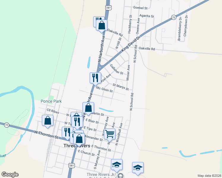 map of restaurants, bars, coffee shops, grocery stores, and more near 220 McGloin in Three Rivers