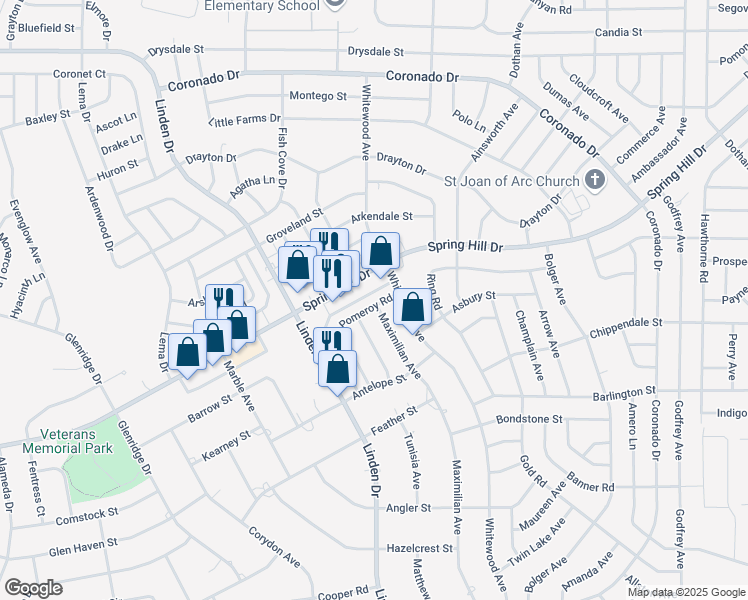 map of restaurants, bars, coffee shops, grocery stores, and more near 2309 Pomeroy Road in Spring Hill