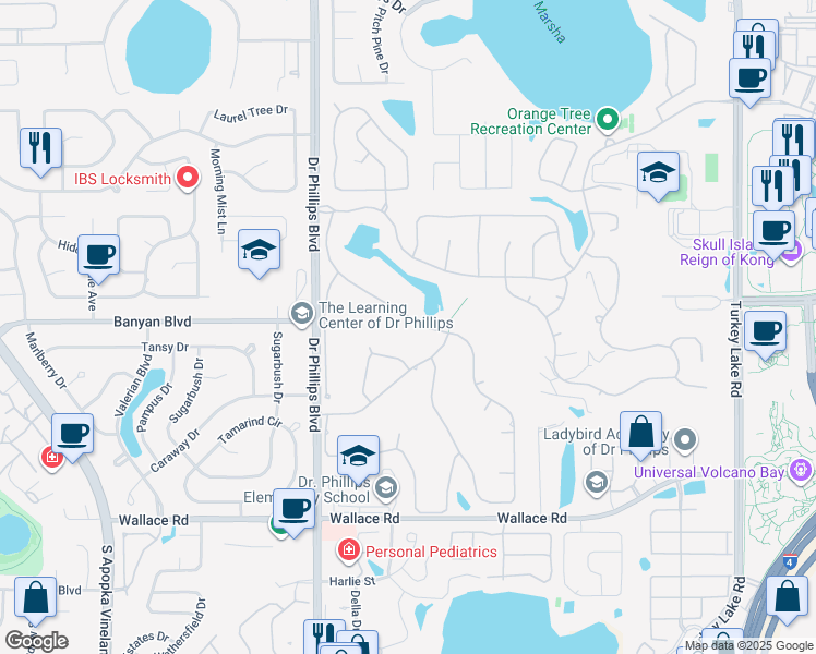 map of restaurants, bars, coffee shops, grocery stores, and more near 6470 Parson Brown Drive in Orlando