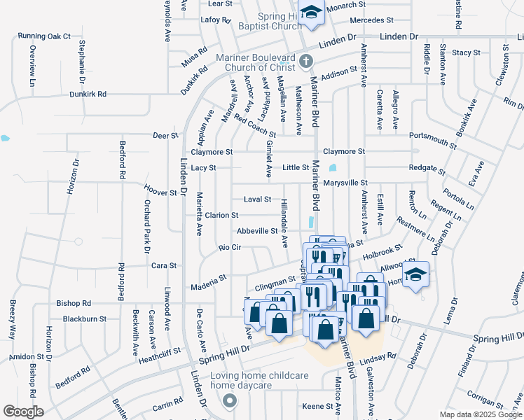 map of restaurants, bars, coffee shops, grocery stores, and more near 10465 Clarion Street in Spring Hill