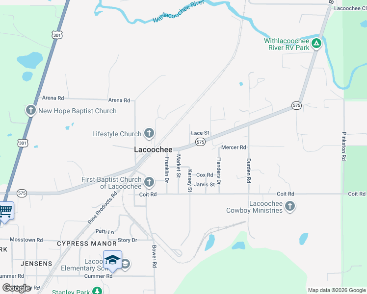 map of restaurants, bars, coffee shops, grocery stores, and more near 21153 Market Street in Dade City