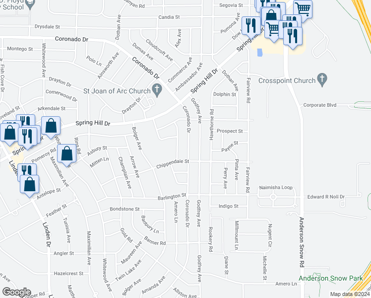 map of restaurants, bars, coffee shops, grocery stores, and more near 13927 Coronado Drive in Spring Hill