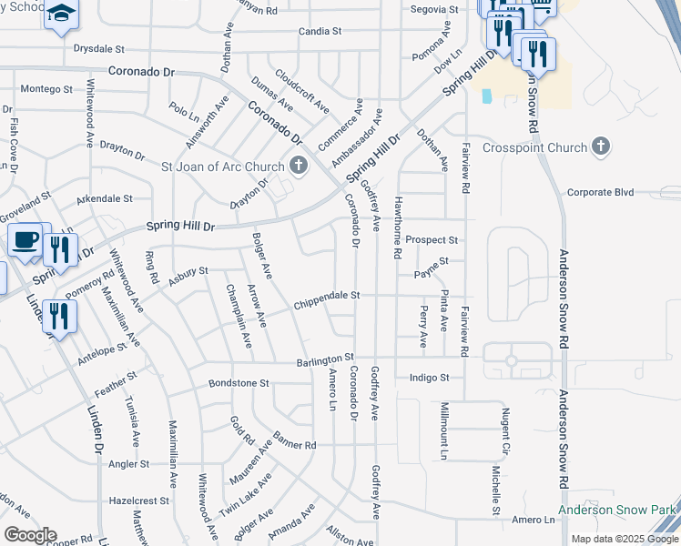 map of restaurants, bars, coffee shops, grocery stores, and more near 2264 Arrendonda Avenue in Spring Hill