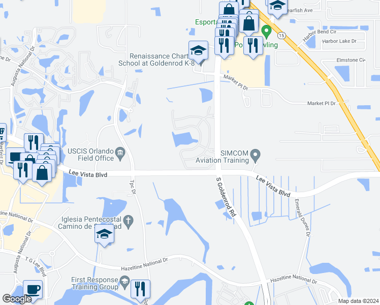 map of restaurants, bars, coffee shops, grocery stores, and more near 6598 Maranatha Boulevard in Orlando
