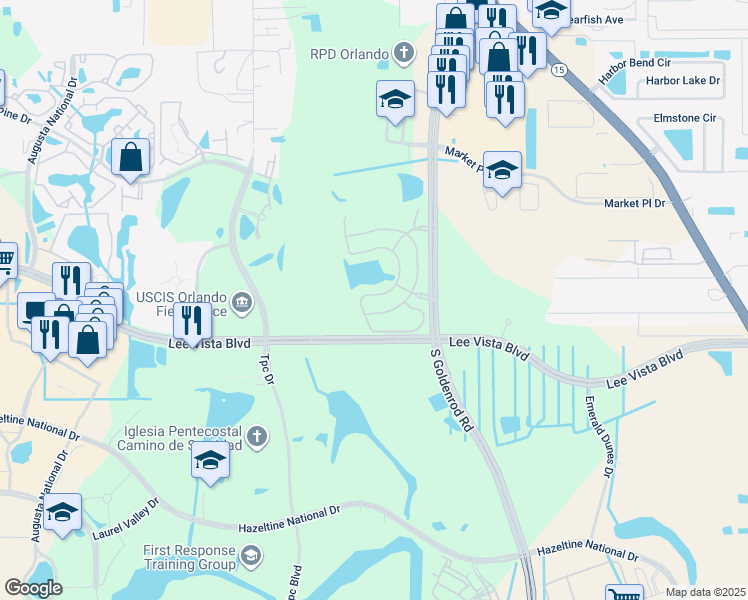 map of restaurants, bars, coffee shops, grocery stores, and more near 6598 Maranatha Boulevard in Orlando