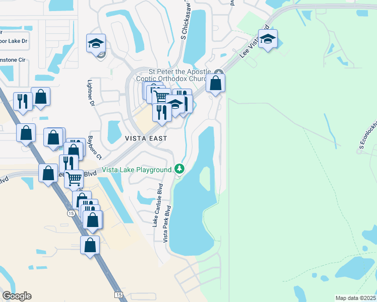 map of restaurants, bars, coffee shops, grocery stores, and more near 8619 Warwick Shore Crossing in Orlando