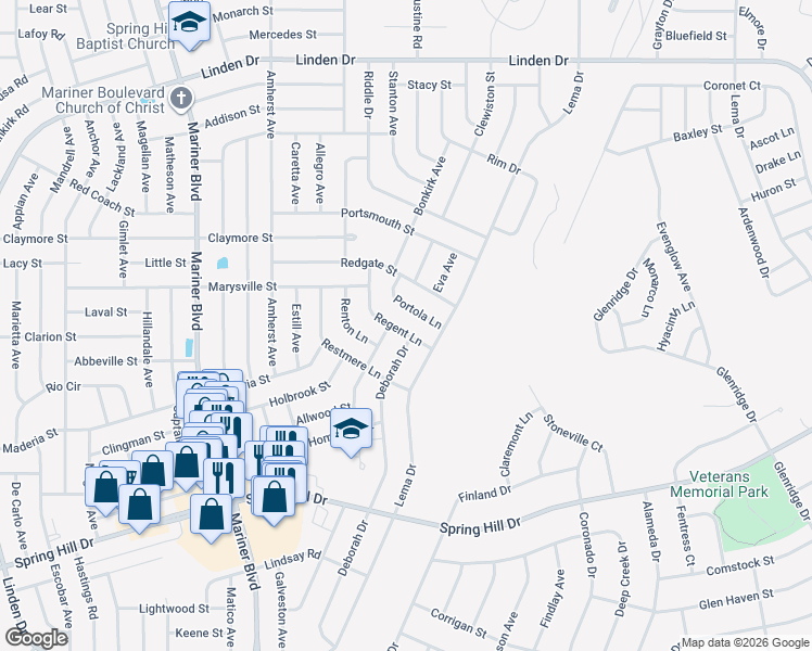 map of restaurants, bars, coffee shops, grocery stores, and more near 11389 Regent Lane in Spring Hill