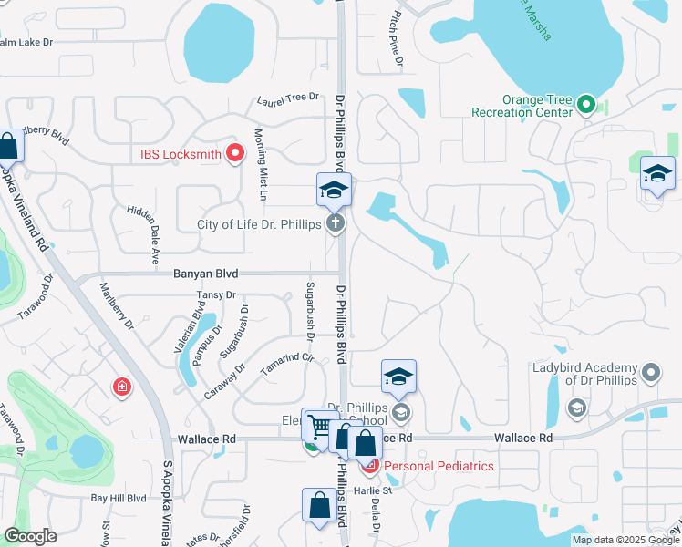 map of restaurants, bars, coffee shops, grocery stores, and more near 7713 Banyan Boulevard in Orlando