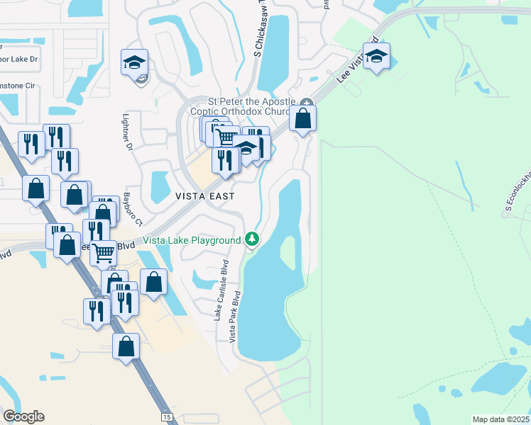 map of restaurants, bars, coffee shops, grocery stores, and more near 8619 Warwick Shore Crossing in Orlando