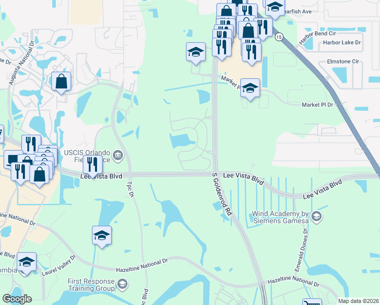map of restaurants, bars, coffee shops, grocery stores, and more near 6598 Maranatha Boulevard in Orlando