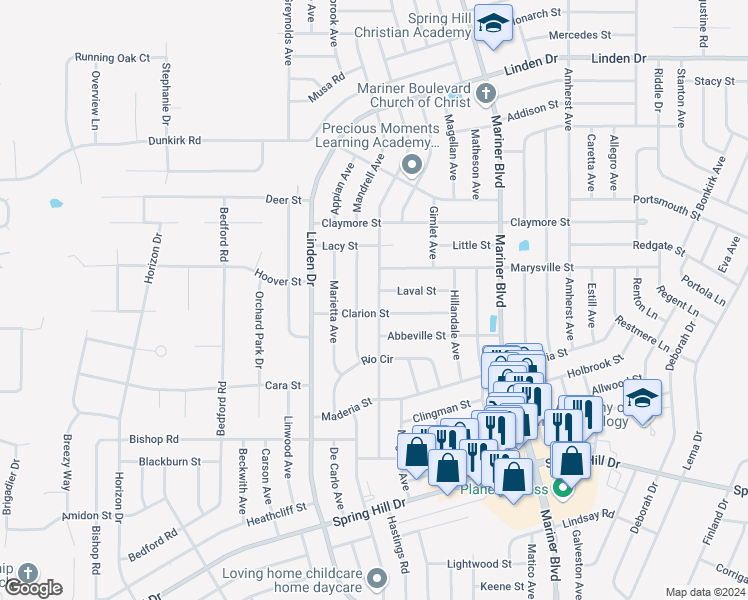 map of restaurants, bars, coffee shops, grocery stores, and more near 2289 Anchor Avenue in Spring Hill