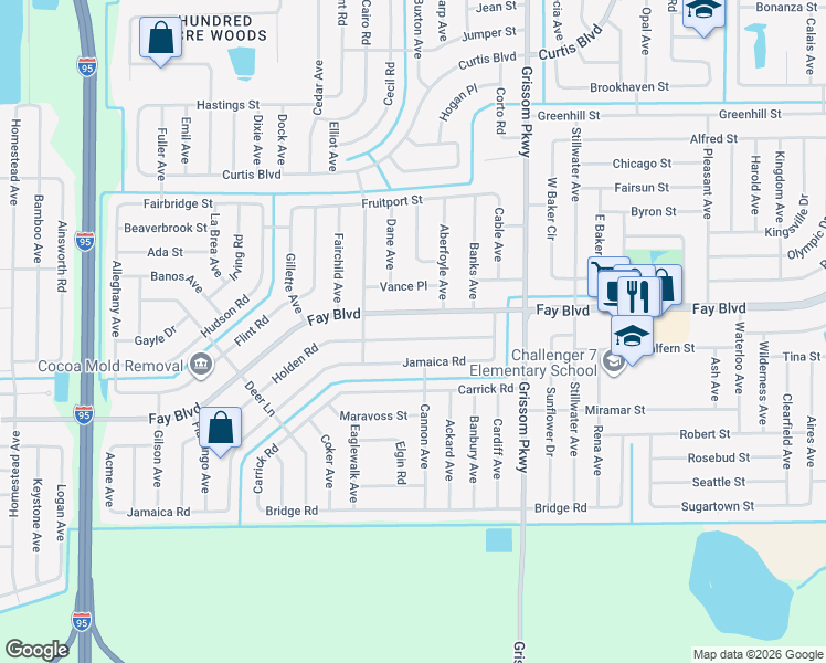 map of restaurants, bars, coffee shops, grocery stores, and more near 5178 Fay Boulevard in Cocoa