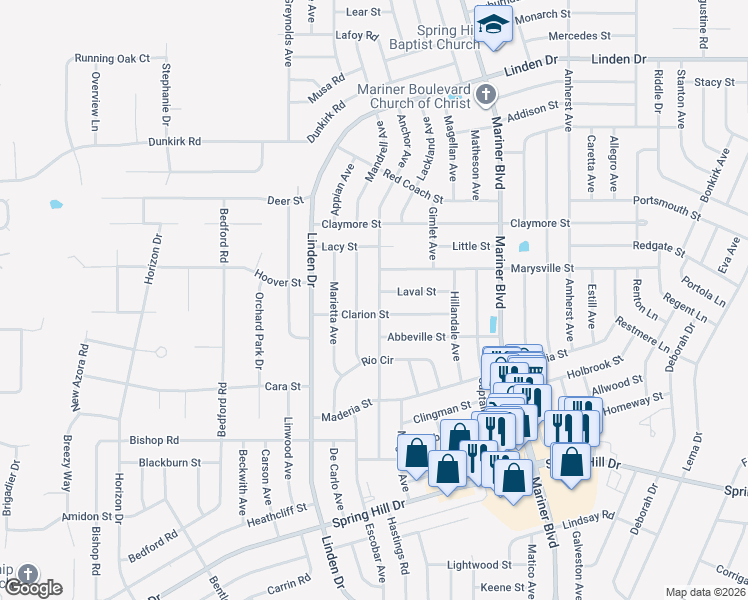 map of restaurants, bars, coffee shops, grocery stores, and more near 2320 Anchor Avenue in Spring Hill