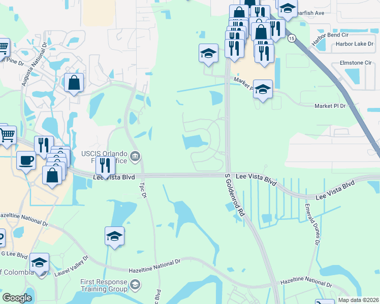 map of restaurants, bars, coffee shops, grocery stores, and more near 6662 South Goldenrod Road in Orlando