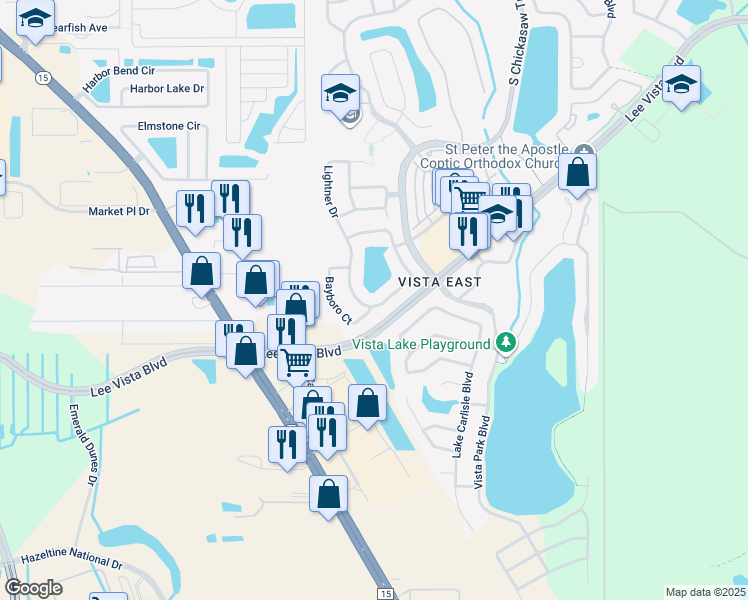 map of restaurants, bars, coffee shops, grocery stores, and more near 6537 Lake Pembroke Place in Orlando