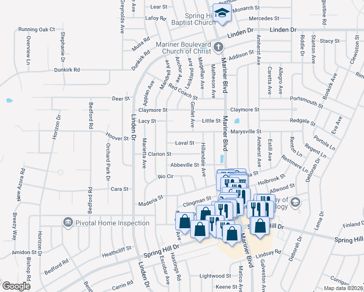 map of restaurants, bars, coffee shops, grocery stores, and more near 10440 Laval Street in Spring Hill