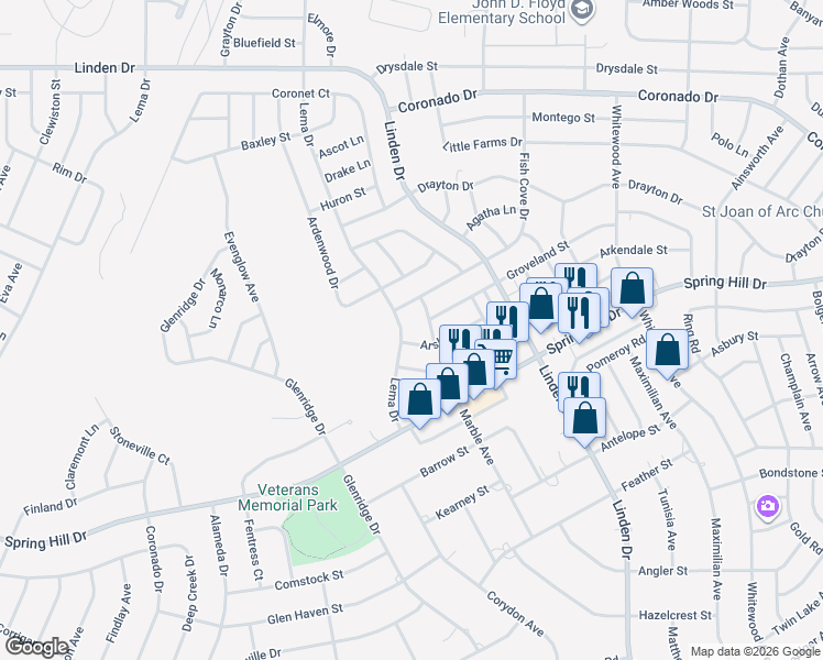 map of restaurants, bars, coffee shops, grocery stores, and more near 12382 Fish Cove Drive in Spring Hill