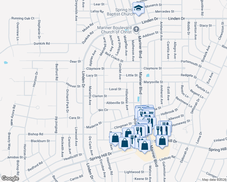 map of restaurants, bars, coffee shops, grocery stores, and more near 10457 Laval Street in Spring Hill