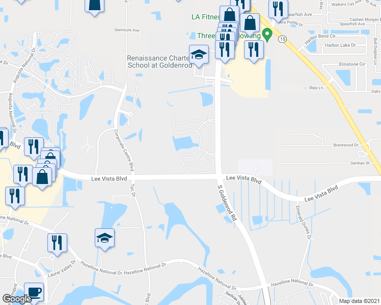 map of restaurants, bars, coffee shops, grocery stores, and more near 6662 South Goldenrod Road in Orlando