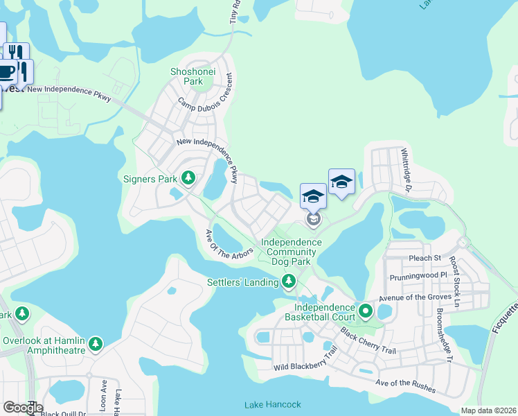 map of restaurants, bars, coffee shops, grocery stores, and more near 15739 Avenue Of The Arbors in Winter Garden