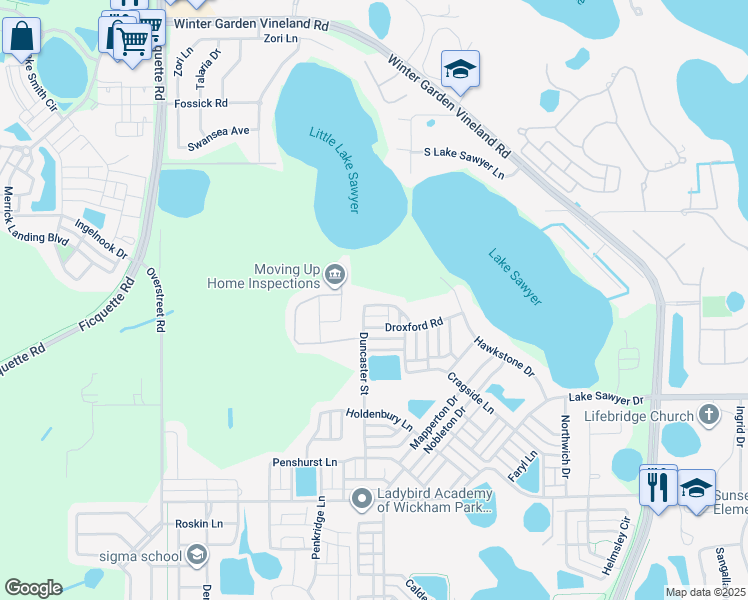 map of restaurants, bars, coffee shops, grocery stores, and more near 6704 Duncaster Street in Windermere