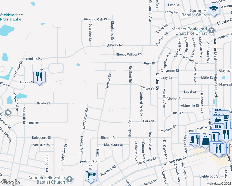 map of restaurants, bars, coffee shops, grocery stores, and more near 10215 Hoover Street in Spring Hill