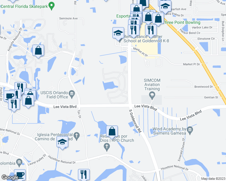 map of restaurants, bars, coffee shops, grocery stores, and more near 6662 South Goldenrod Road in Orlando