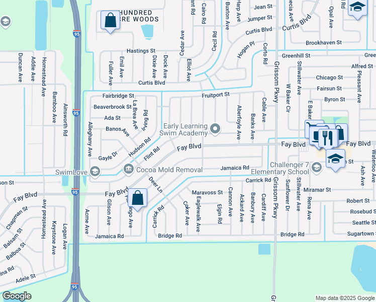 map of restaurants, bars, coffee shops, grocery stores, and more near 5370 Fay Boulevard in Cocoa
