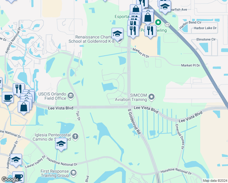 map of restaurants, bars, coffee shops, grocery stores, and more near 6662 South Goldenrod Road in Orlando