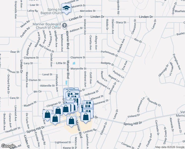 map of restaurants, bars, coffee shops, grocery stores, and more near 2330 Estill Avenue in Spring Hill