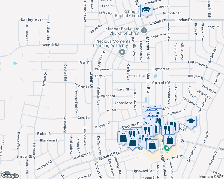 map of restaurants, bars, coffee shops, grocery stores, and more near Laval Street in Spring Hill
