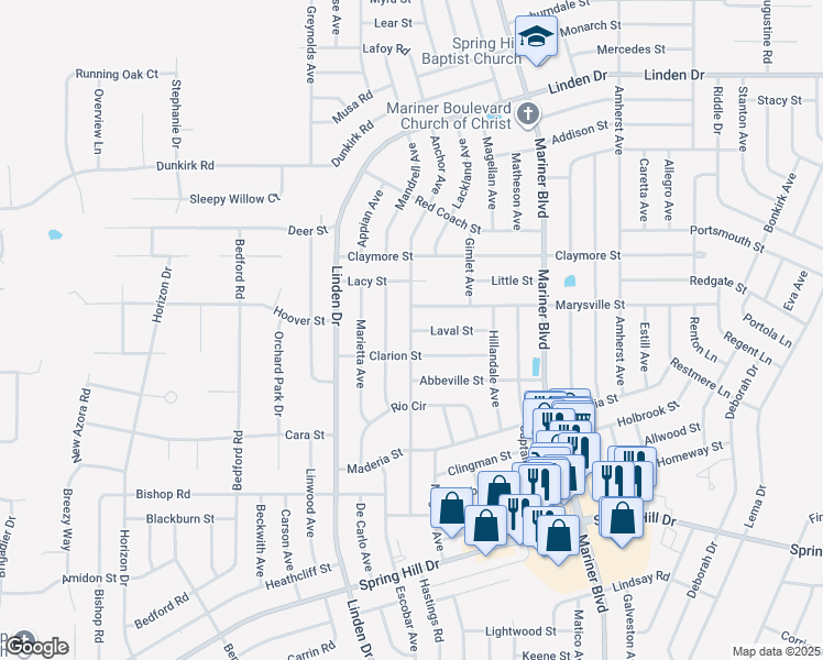 map of restaurants, bars, coffee shops, grocery stores, and more near 10401 Laval Street in Spring Hill