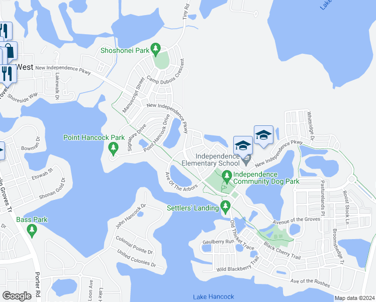 map of restaurants, bars, coffee shops, grocery stores, and more near 5685 New Independence Parkway in Winter Garden