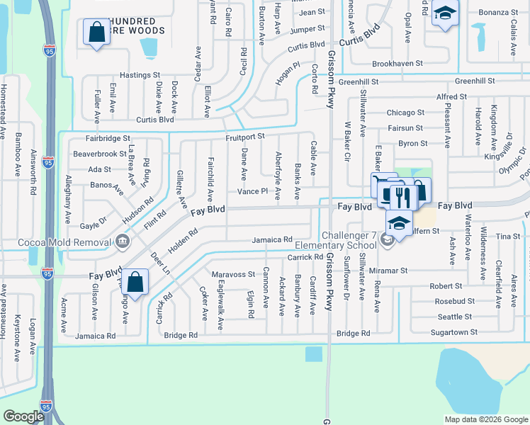map of restaurants, bars, coffee shops, grocery stores, and more near 5178 Fay Boulevard in Cocoa