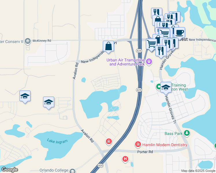 map of restaurants, bars, coffee shops, grocery stores, and more near 6603 Avalon Road in Winter Garden
