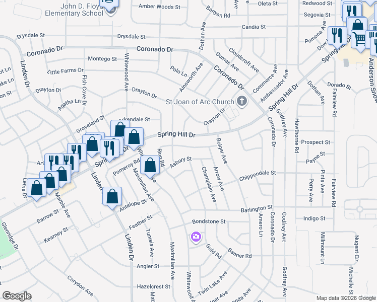 map of restaurants, bars, coffee shops, grocery stores, and more near 2416 Ring Road in Spring Hill