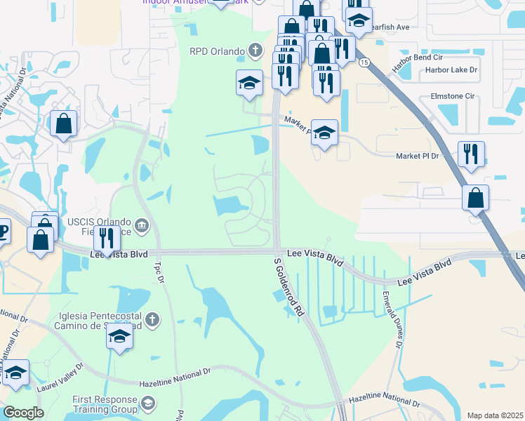 map of restaurants, bars, coffee shops, grocery stores, and more near 6534 South Goldenrod Road in Orlando