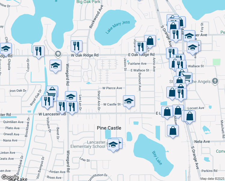 map of restaurants, bars, coffee shops, grocery stores, and more near 108 West Pierce Avenue in Orlando