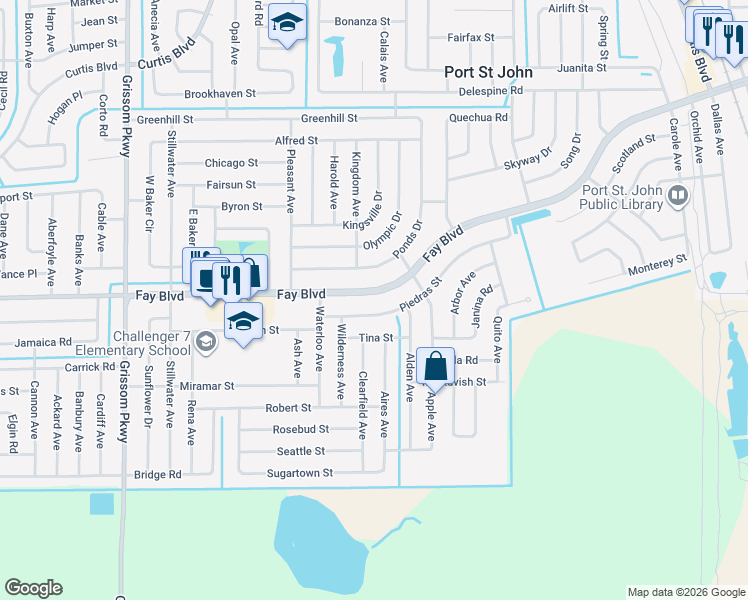 map of restaurants, bars, coffee shops, grocery stores, and more near 4455 Fay Boulevard in Cocoa