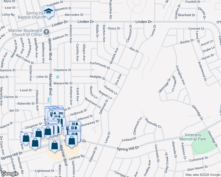 map of restaurants, bars, coffee shops, grocery stores, and more near 11379 Portola Lane in Spring Hill