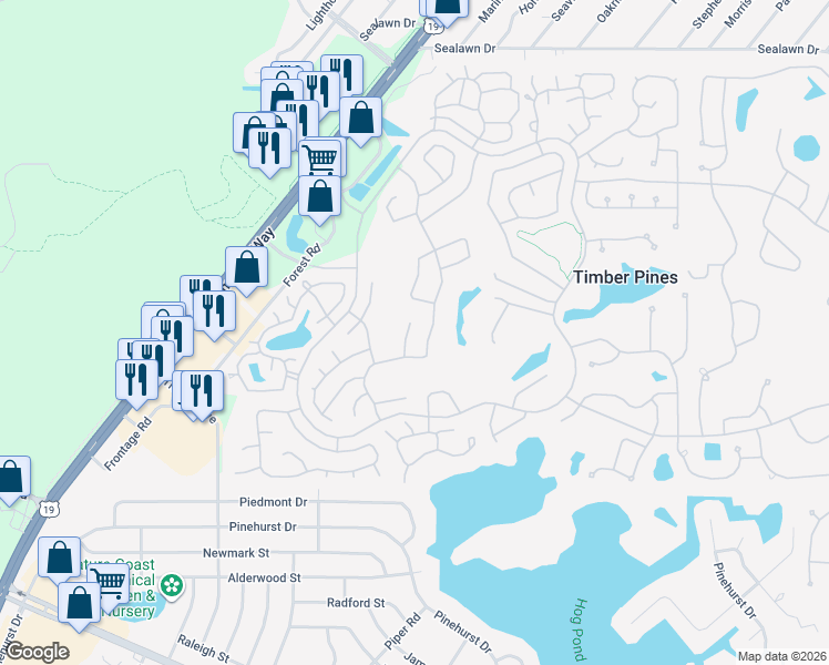 map of restaurants, bars, coffee shops, grocery stores, and more near 2323 Westchester Boulevard in Spring Hill