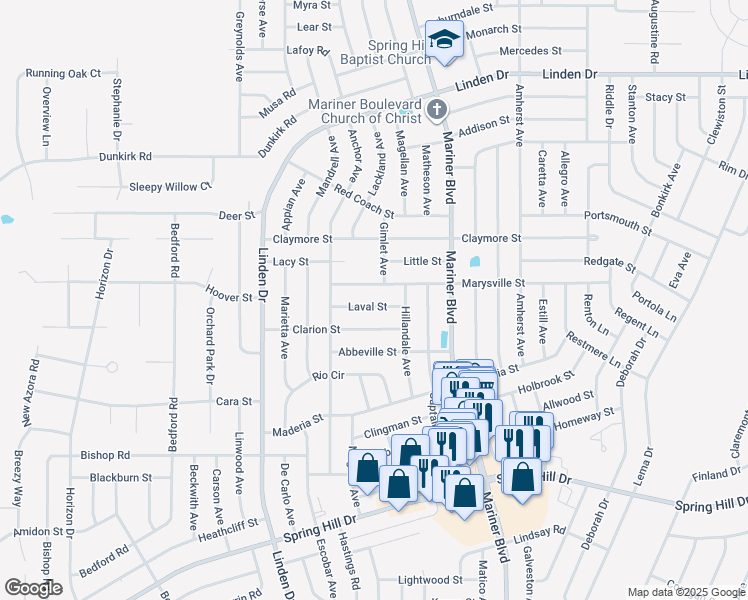 map of restaurants, bars, coffee shops, grocery stores, and more near 10457 Laval Street in Spring Hill