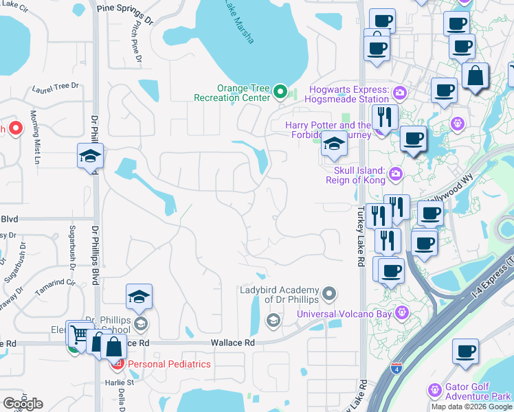 map of restaurants, bars, coffee shops, grocery stores, and more near 6433 Wellington Drive in Orlando