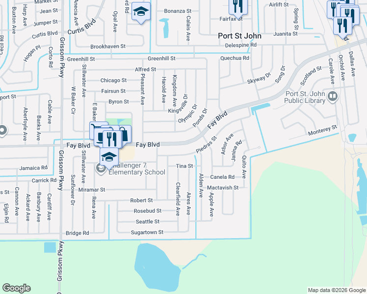 map of restaurants, bars, coffee shops, grocery stores, and more near 4455 Fay Boulevard in Cocoa