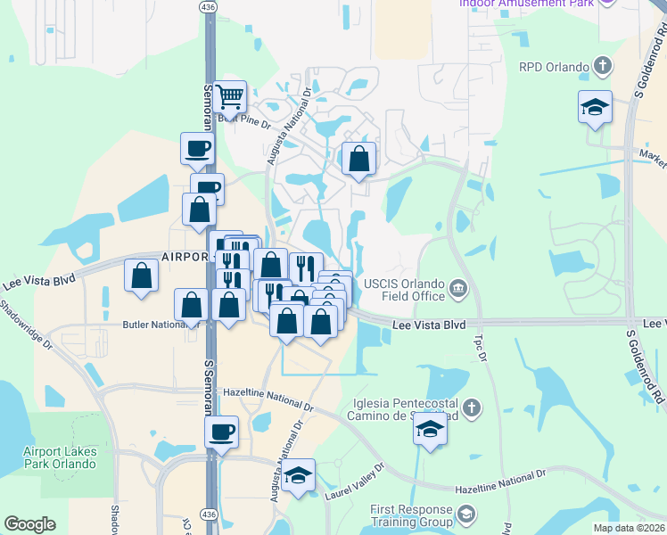 map of restaurants, bars, coffee shops, grocery stores, and more near 5921 Lee Vista Boulevard in Orlando